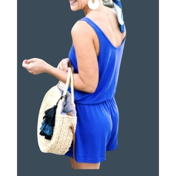GIBSON- WOMENS BLUE LIGHT WEIGH ELASTIC WAIST SIDE POCKETS ROMPER SIZE MEDIUM - Picture 2 of 10